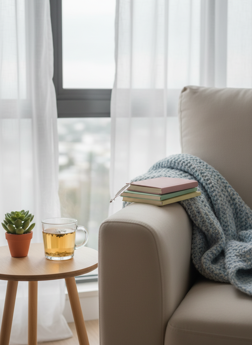 A cozy reading nook by a large window features a plush armchair draped with a soft, polka-dotted throw blanket. On the wide armrest, a small stack of pastel-colored notebooks is topped by a closed one with a metallic bookmark peeking out. Beside it, a steaming herbal tea in a delicate glass mug rests on a wooden side table next to a tiny, thriving plant. Overcast daylight diffuses through sheer curtains, bathing everything in gentle, even light with minimal shadows. Photographic realism, framed at eye level to emphasize the chair and notebooks, evokes introspective, happy solitude—an inviting corner where daily thoughts are sorted, overanalyzed, and cherished.