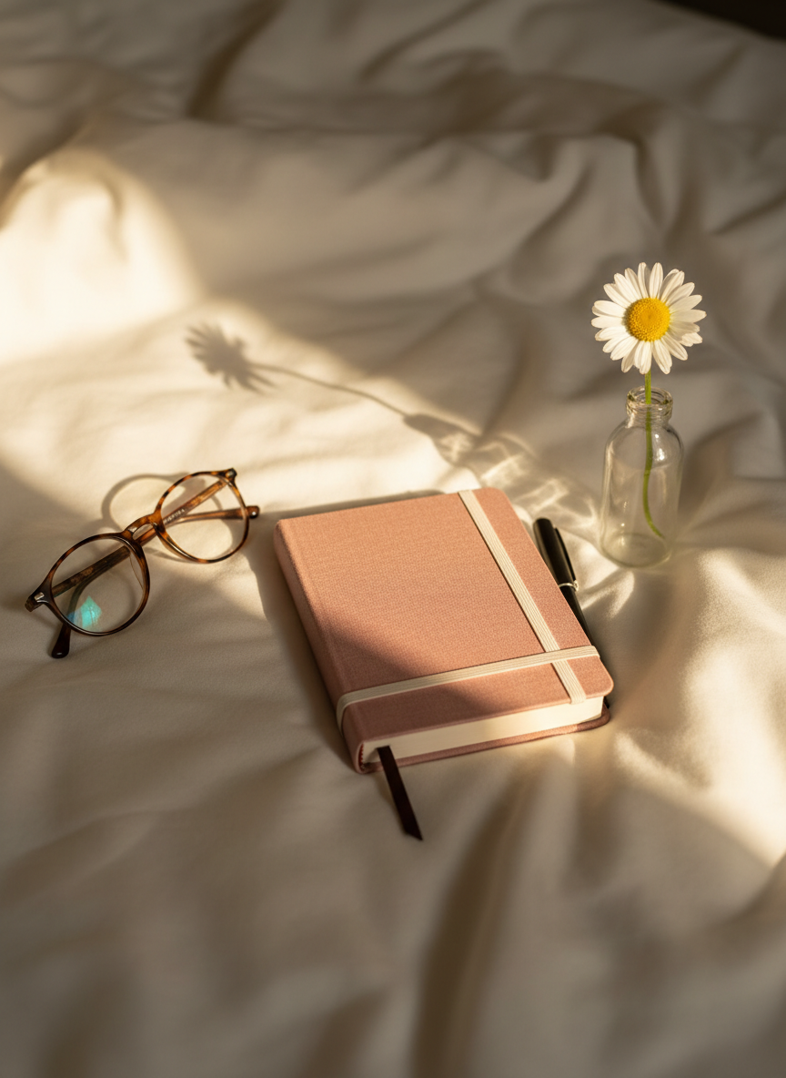 A small, neatly closed hardcover journal with a soft blush-pink linen cover rests on a simple white duvet, a fine-tipped pen tucked beneath its elastic band. Around it, a pair of round tortoiseshell glasses and a single daisy in a tiny glass bottle hint at quiet contemplation. Late afternoon sunlight filters through an unseen window, creating gentle bands of light and shadow over the fabric folds. Photographic realism from a slightly elevated angle, with shallow depth of field that blurs the background into creamy softness. The mood is light, happy, and introspective, evoking a playful personal diary moment without showing any people or written text.