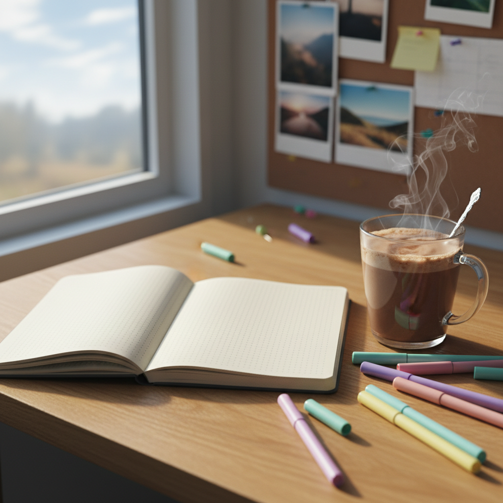 An open dotted notebook lies on a honey-colored wooden desk, its blank pages inviting a new daily entry. Beside it, a pastel gel pen set is scattered in casual disarray, alongside a half-finished mug of foamy hot chocolate in a clear glass cup. Through a nearby window, soft morning light casts a cool, diffused glow, highlighting the texture of the paper and gentle steam curling upward. Shot at eye level with a slight angle down the notebook’s spine, photographic realism with a cozy, candid atmosphere. The background softly blurs a corkboard with pinned photos and notes, suggesting everyday life and overthought ideas without legible text or human presence.