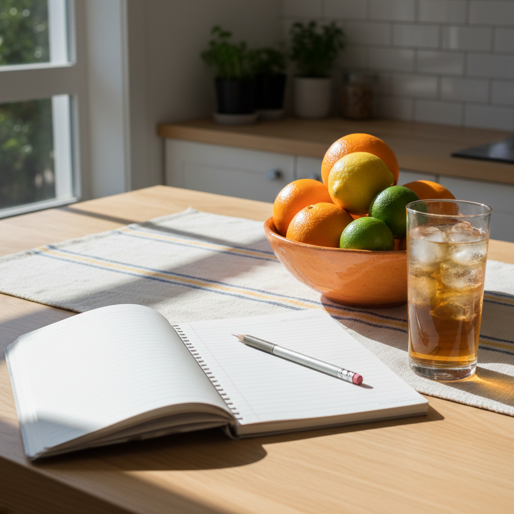 A sunlit kitchen table with a simple striped table runner hosts a small still life: a spiral notebook flipped open to a fresh page, a mechanical pencil resting diagonally across it, and a ceramic bowl overflowing with bright citrus fruits. A tall glass of iced tea with clinking ice cubes sits nearby, droplets of condensation catching the light. Soft midday sun pours in from a window, creating sharp yet gentle shadows and a sense of lively clarity. Photographic realism, captured from a slightly elevated angle with the notebook positioned on the rule of thirds, the mood is upbeat and candid, like a spontaneous decision to journal about the day between sips and snacks.